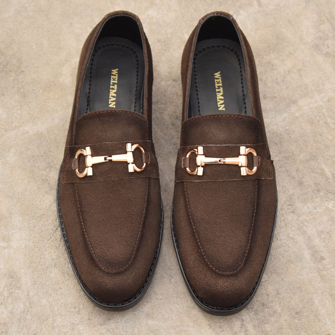 Brown Suede Horse Bit Loafers - Rubber Sole