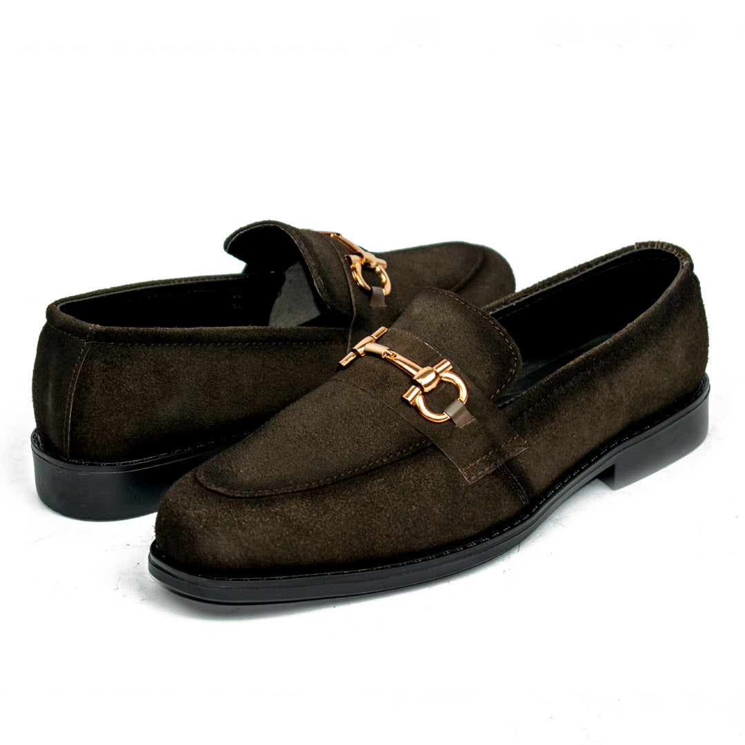 Brown Suede Horse Bit Loafers - Rubber Sole