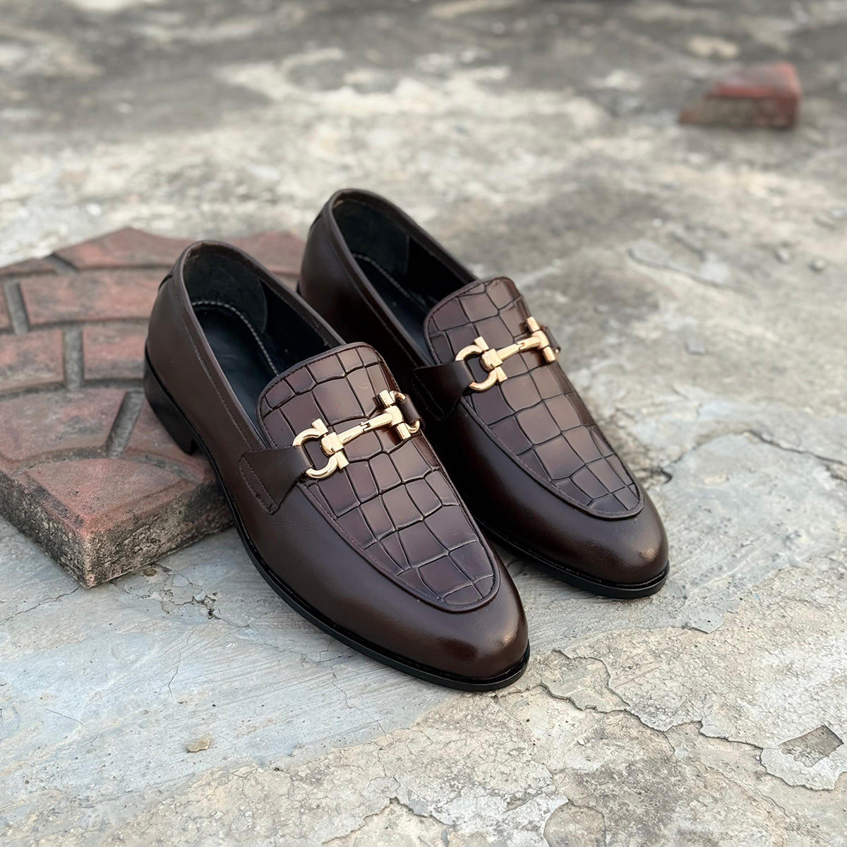 Kingston - Brown Croc Horse bit Loafers