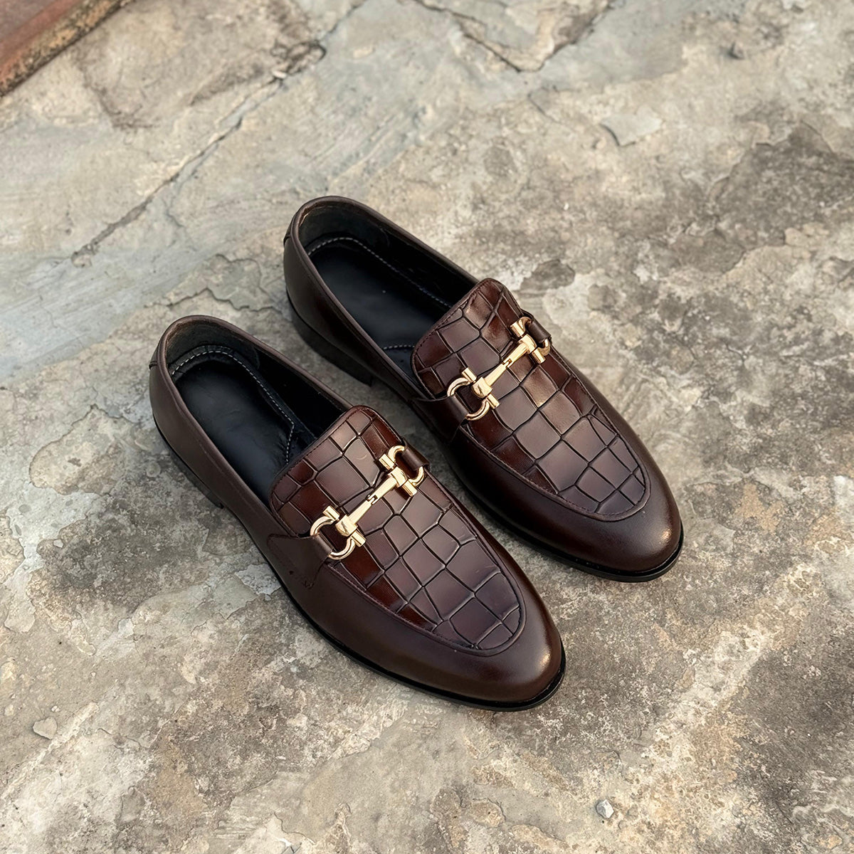 Kingston - Brown Croc Horse bit Loafers